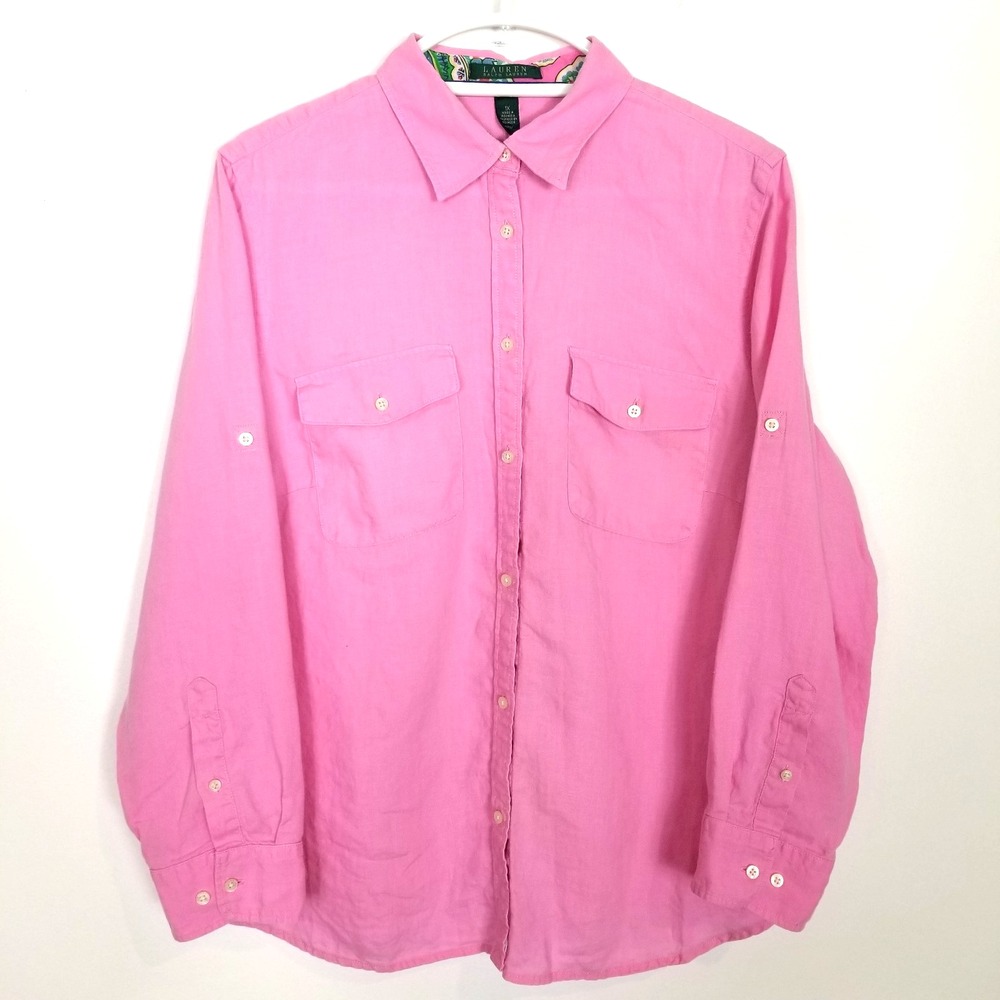 Lauren Ralph Lauren Women Linen Bright Pink Button Up Shirt Sz 1X Blouse Summer